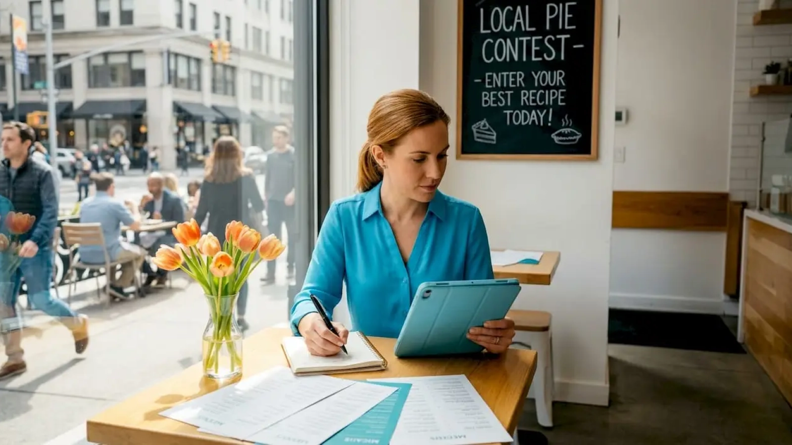 Manager reviewing social contest entries in restaurant