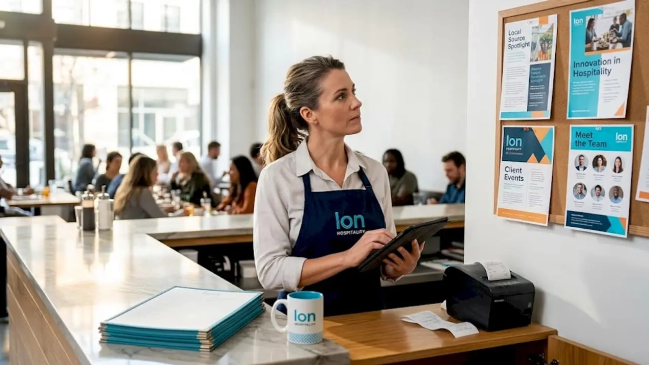 Restaurant manager planning marketing at counter