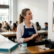 Restaurant manager planning marketing at counter