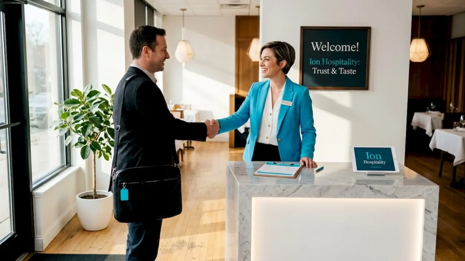 Manager greeting loyal restaurant guest at entry