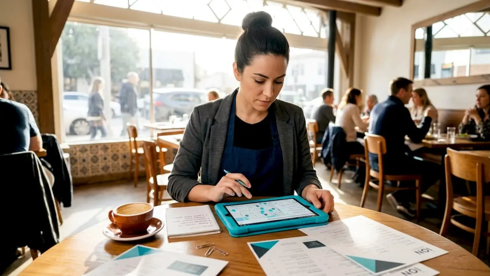Restaurant manager uses tablet for SEO visibility