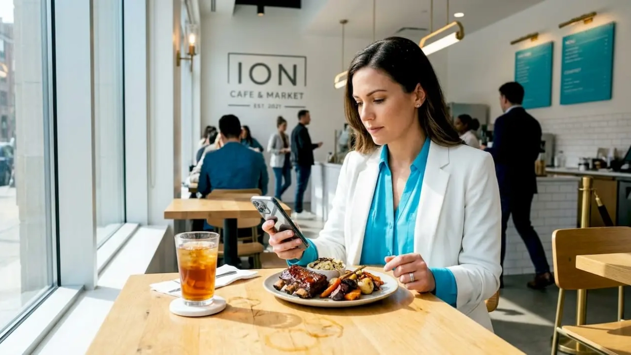 Customer using phone to order at restaurant