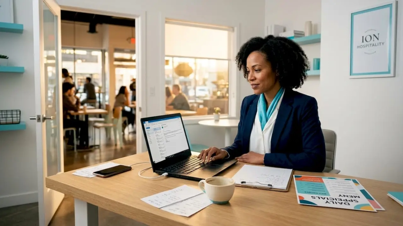 Restaurant manager at desk reviewing digital bookings