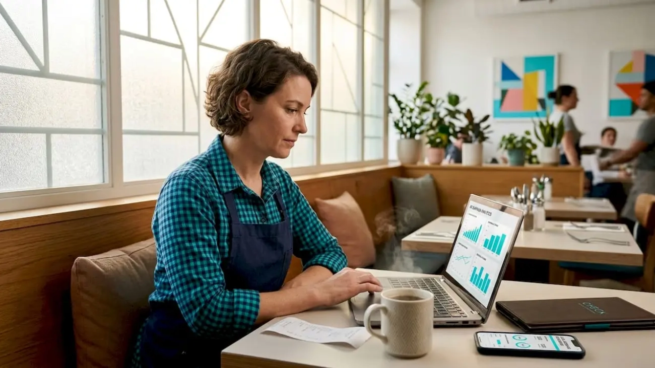 Restaurant owner reviewing digital ad results