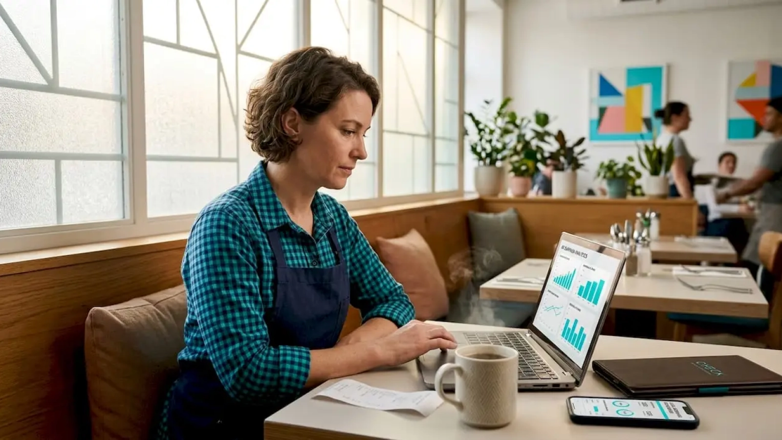 Restaurant owner reviewing digital ad results