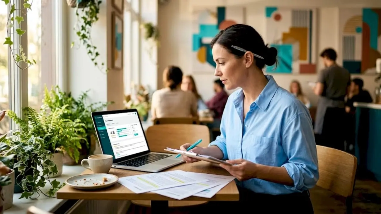 Manager checking guest reviews at restaurant table