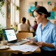 Manager checking guest reviews at restaurant table