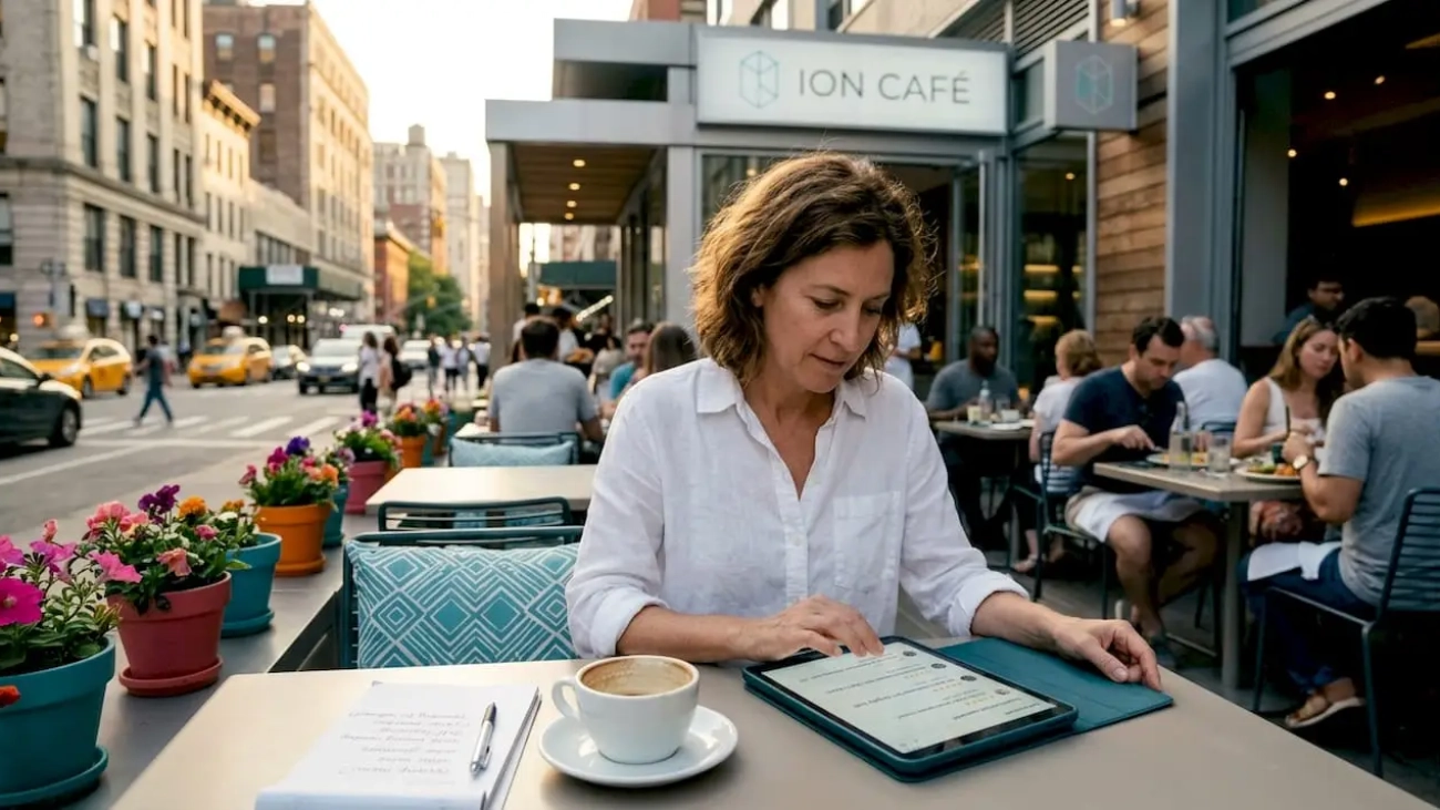 Restaurant owner reading guest reviews in café