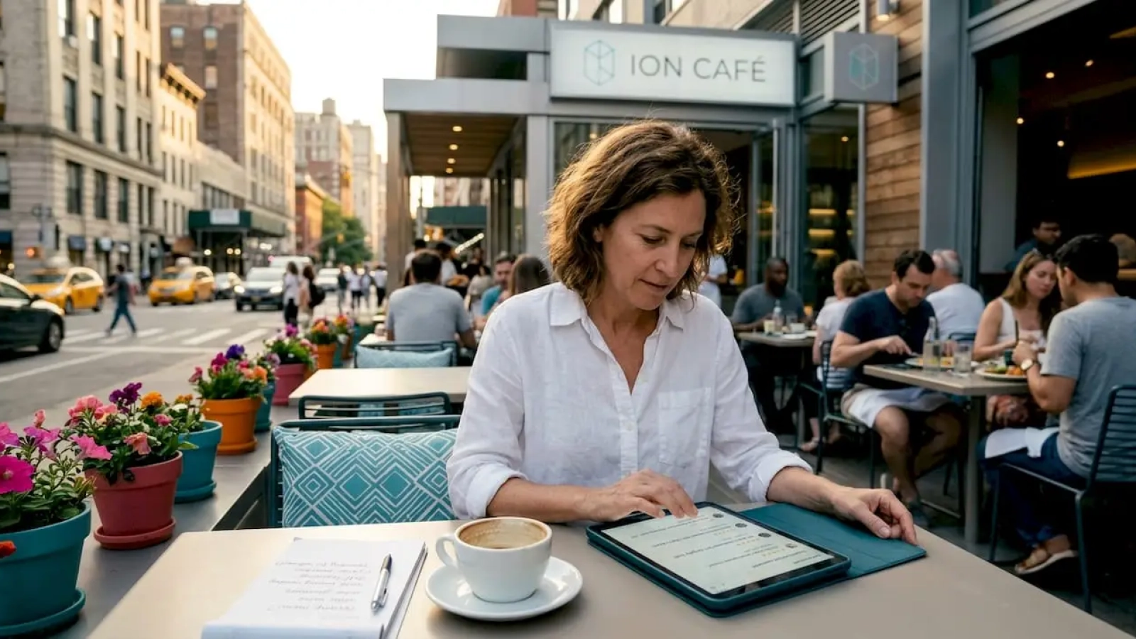 Restaurant owner reading guest reviews in café