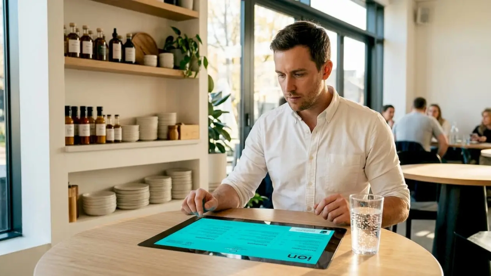 Restaurant guest interacts with table touchscreen menu