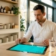 Restaurant guest interacts with table touchscreen menu