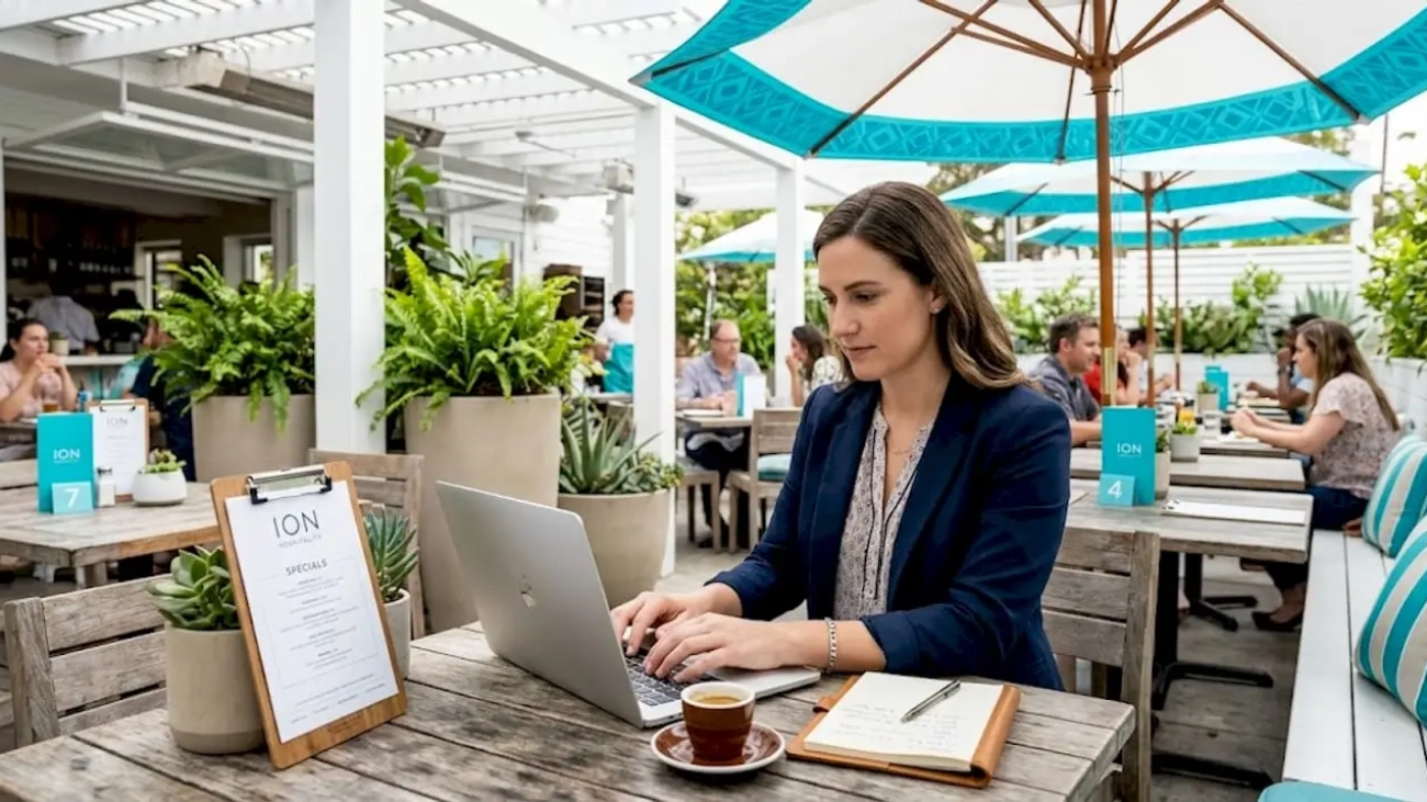 Restaurant manager typing content calendar at table