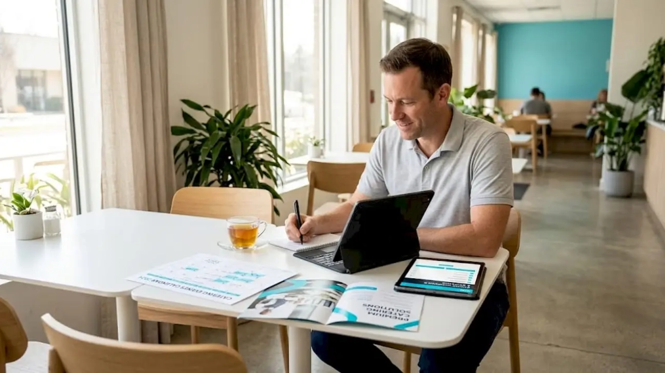 Catering manager planning promotions at restaurant table