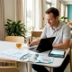 Catering manager planning promotions at restaurant table