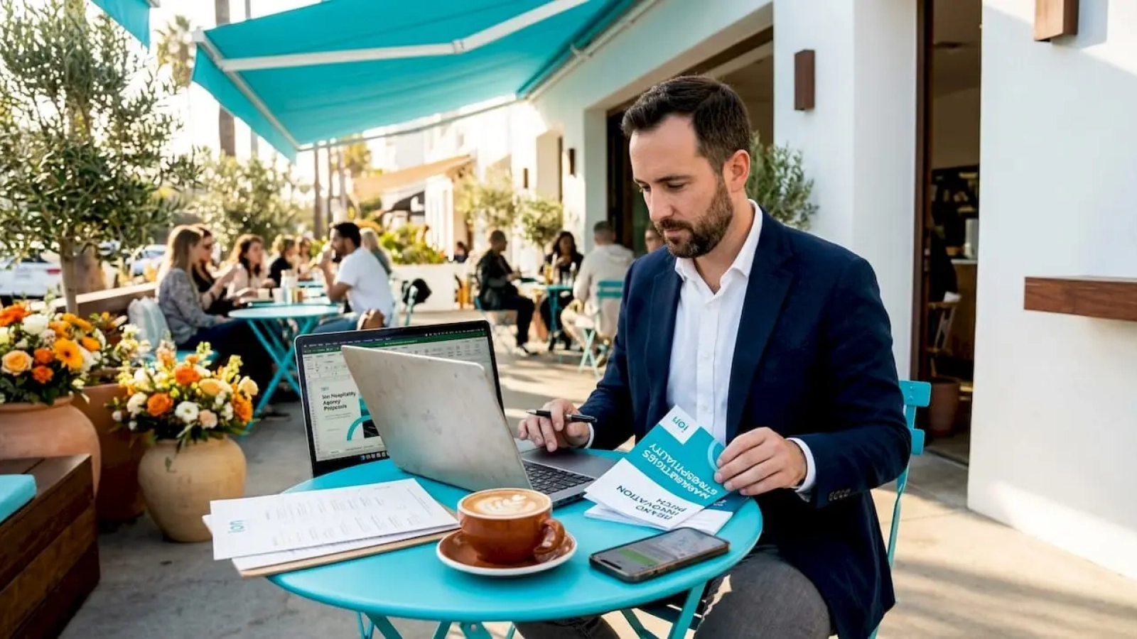 Restaurant owner reviewing marketing agency proposals in café