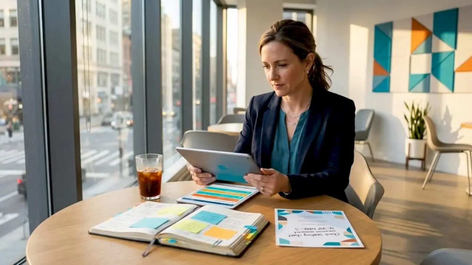 Event planner reviewing brief in glass meeting room
