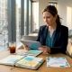Event planner reviewing brief in glass meeting room