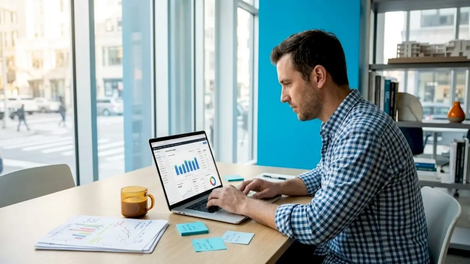 Restaurant owner reviewing marketing dashboard at table
