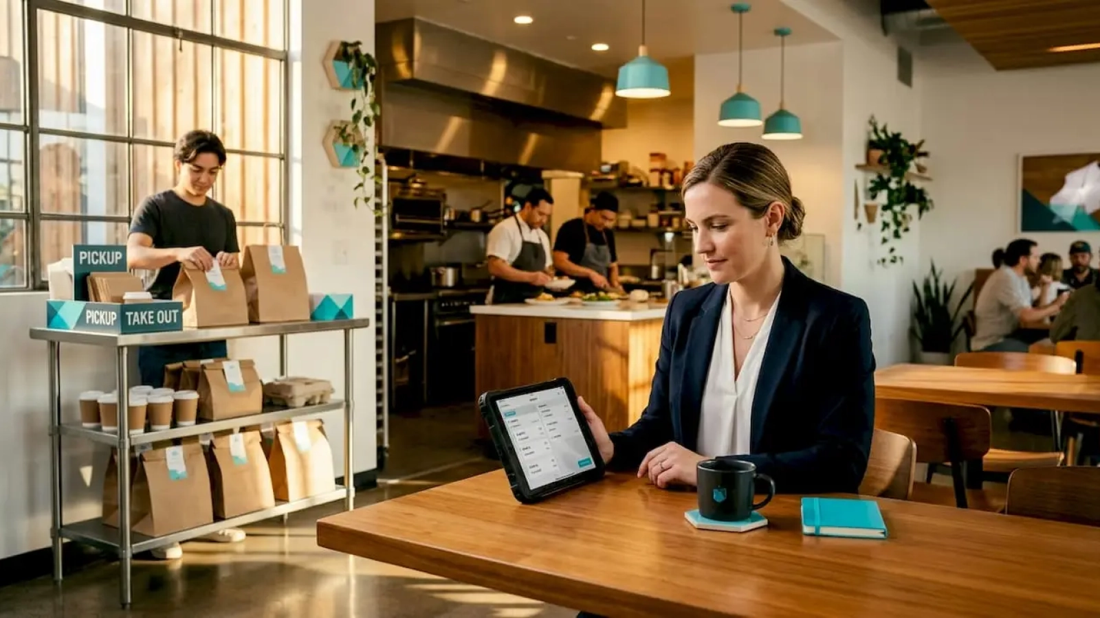 Restaurant manager checking online orders at table
