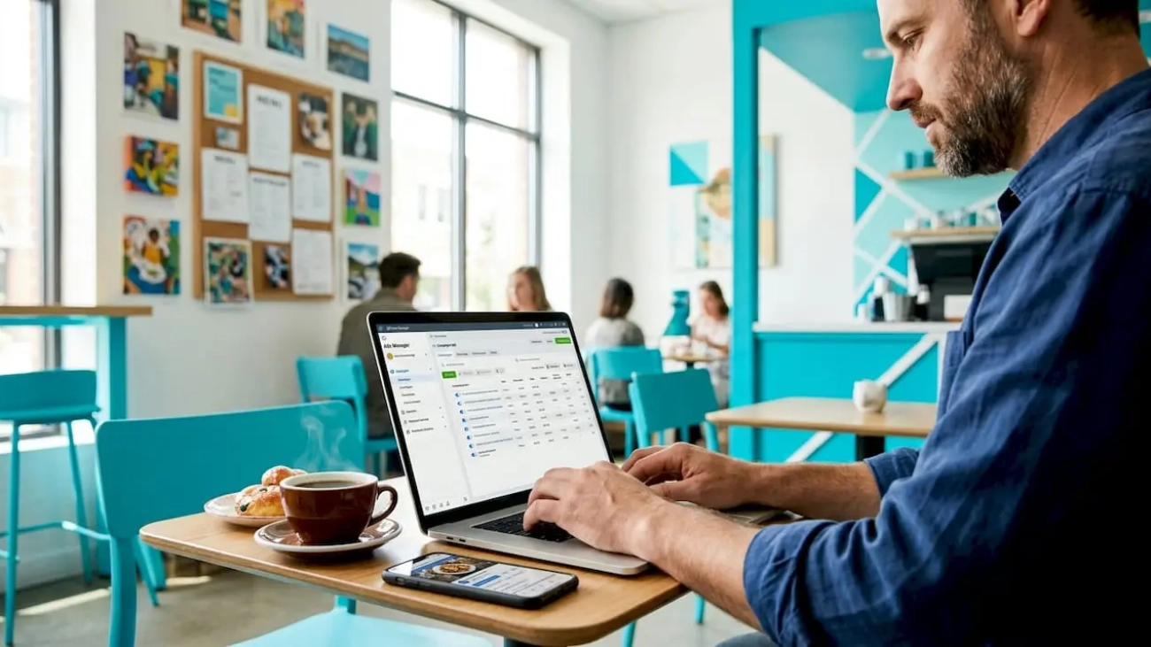 Restaurant owner working on Facebook ads on laptop