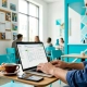 Restaurant owner working on Facebook ads on laptop