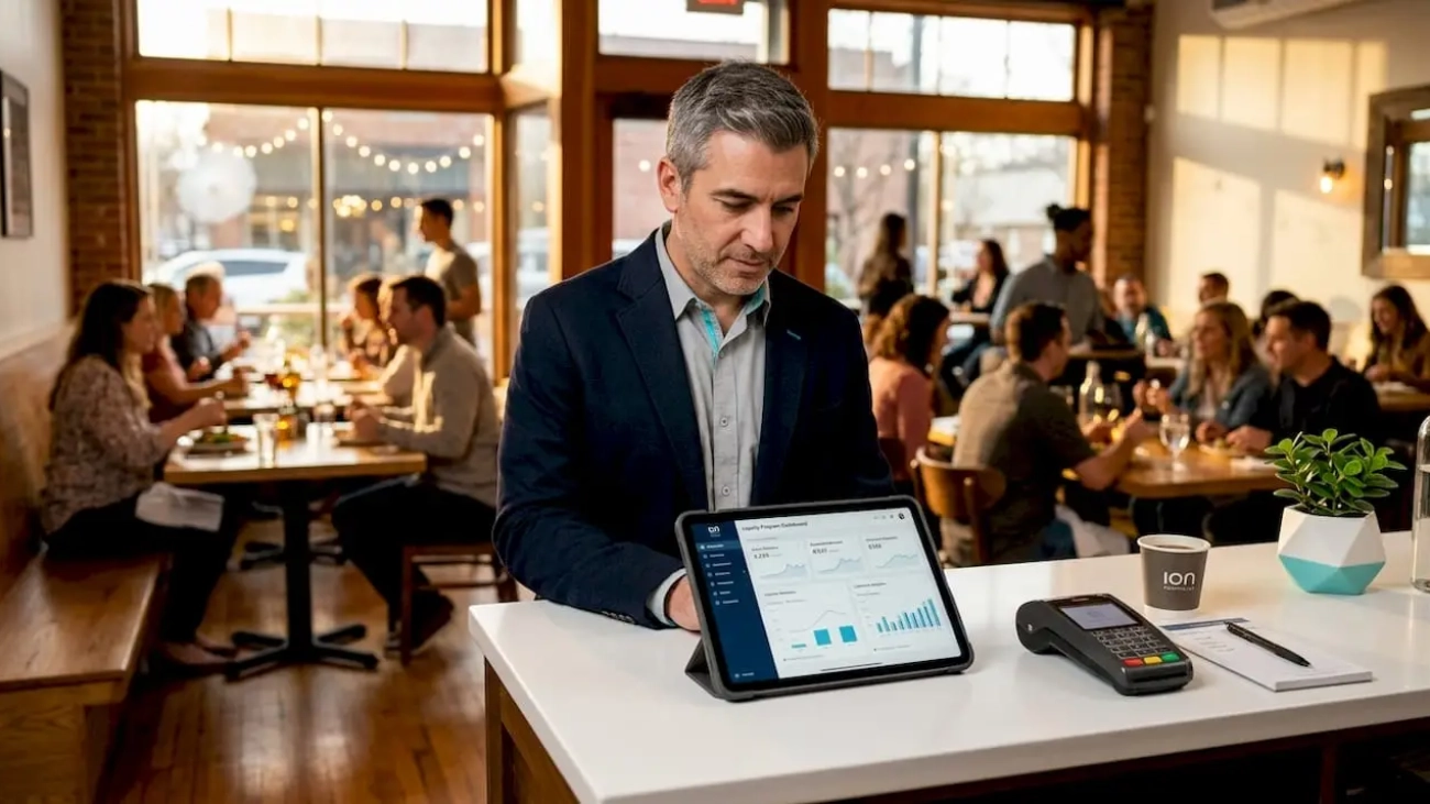 Restaurant owner reviewing loyalty data on tablet