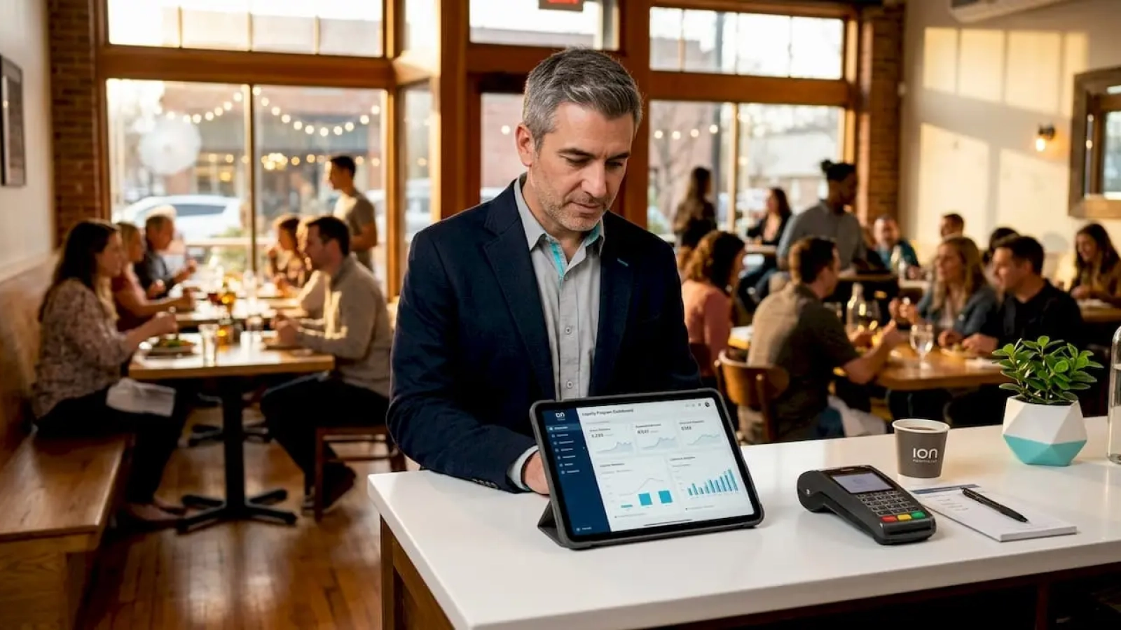 Restaurant owner reviewing loyalty data on tablet