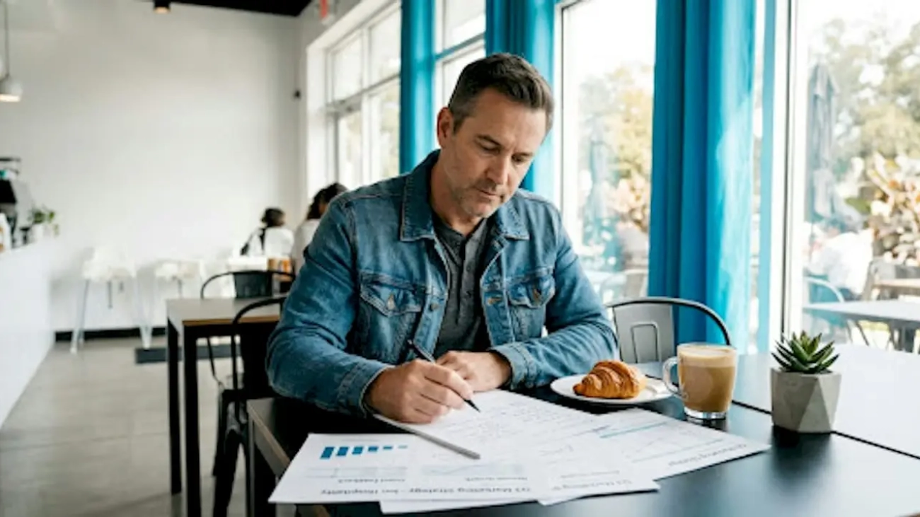 Restaurant owner reviewing marketing plans