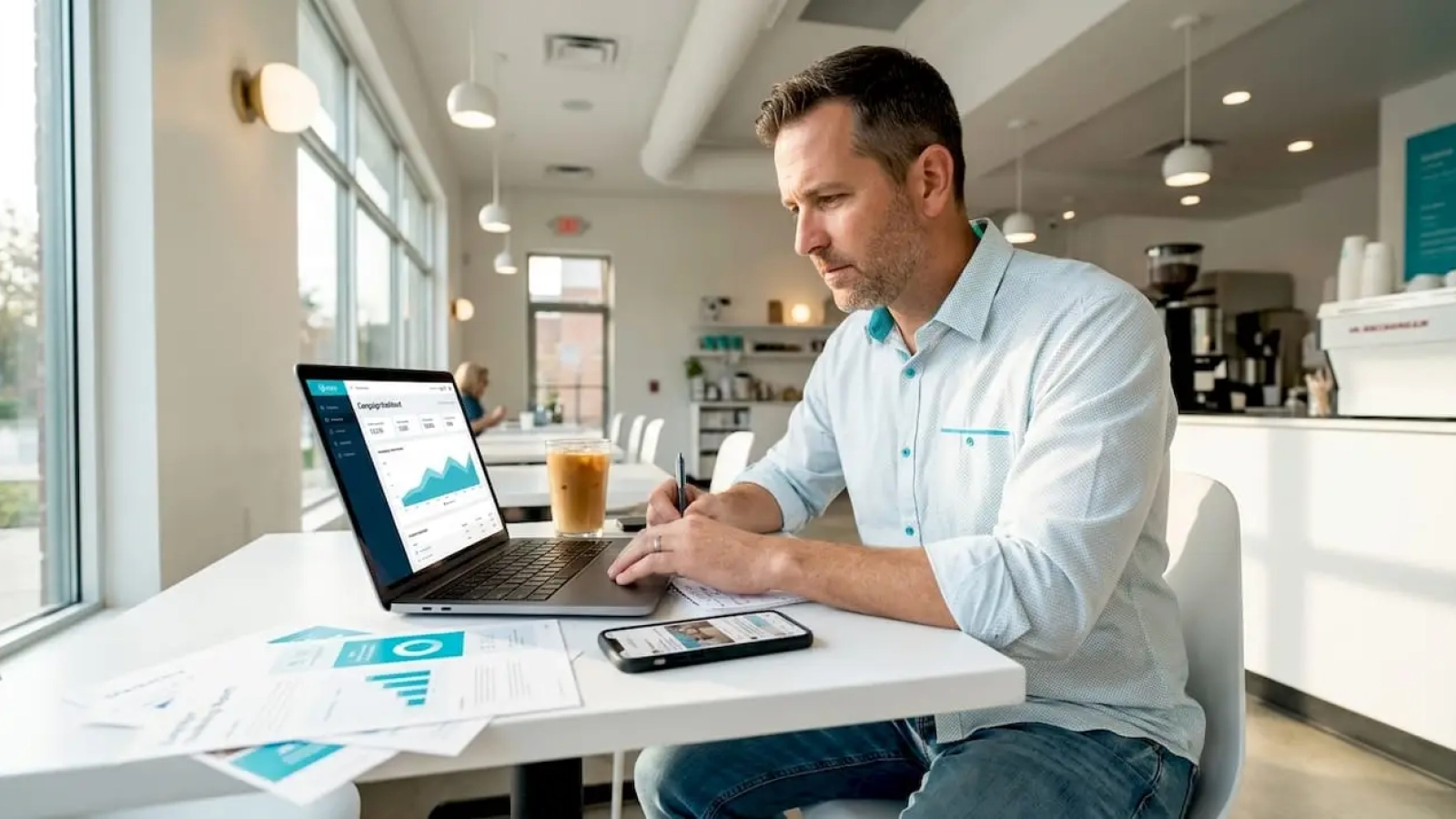 Restaurant owner reviewing campaign tracking data