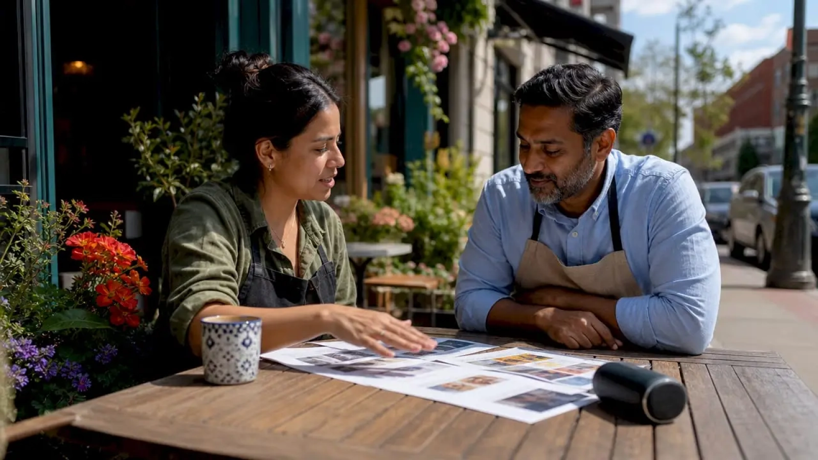 Restaurant owner discussing partnership with local business
