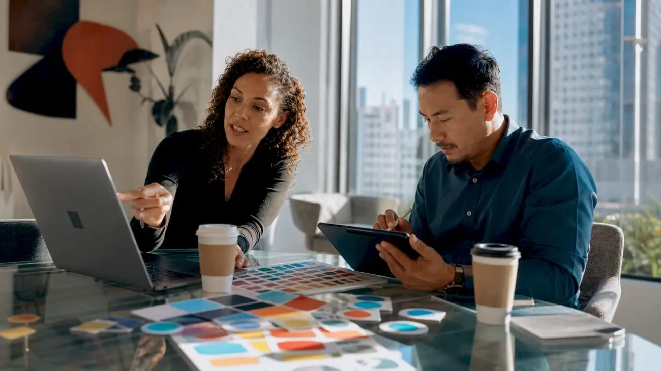 Marketing team collaborating in a bright office