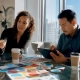 Marketing team collaborating in a bright office