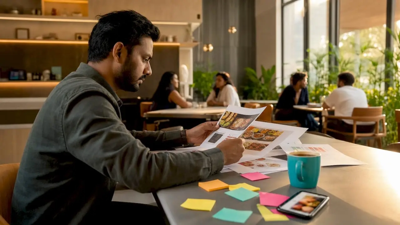 Marketing manager reviewing restaurant remarketing reports