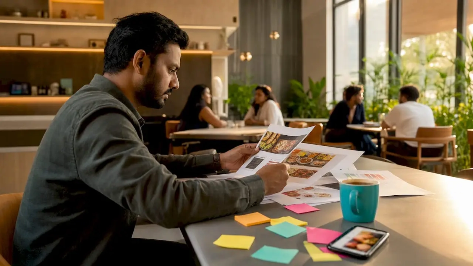 Marketing manager reviewing restaurant remarketing reports