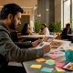 Marketing manager reviewing restaurant remarketing reports