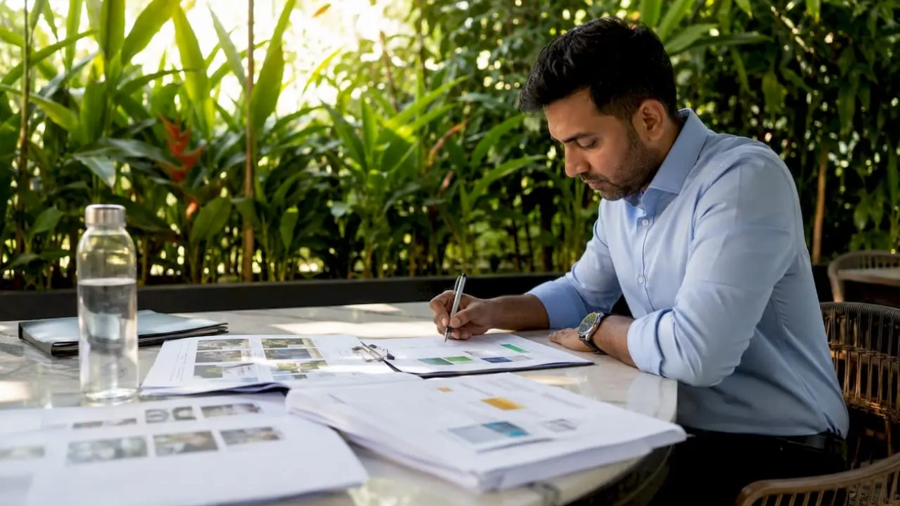 Event planner reviewing catering packages