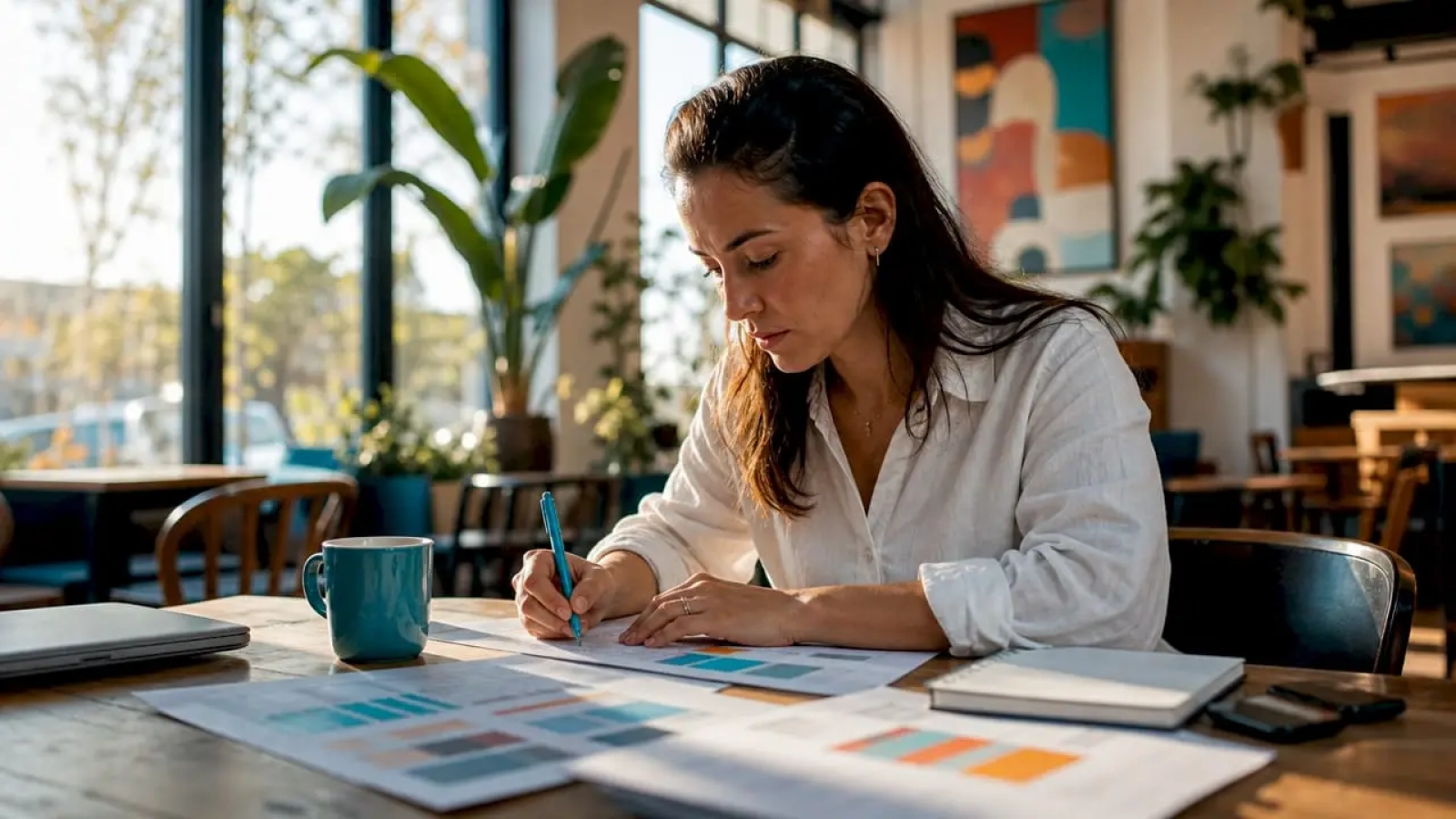 Marketing strategist reviewing campaign sheets in office