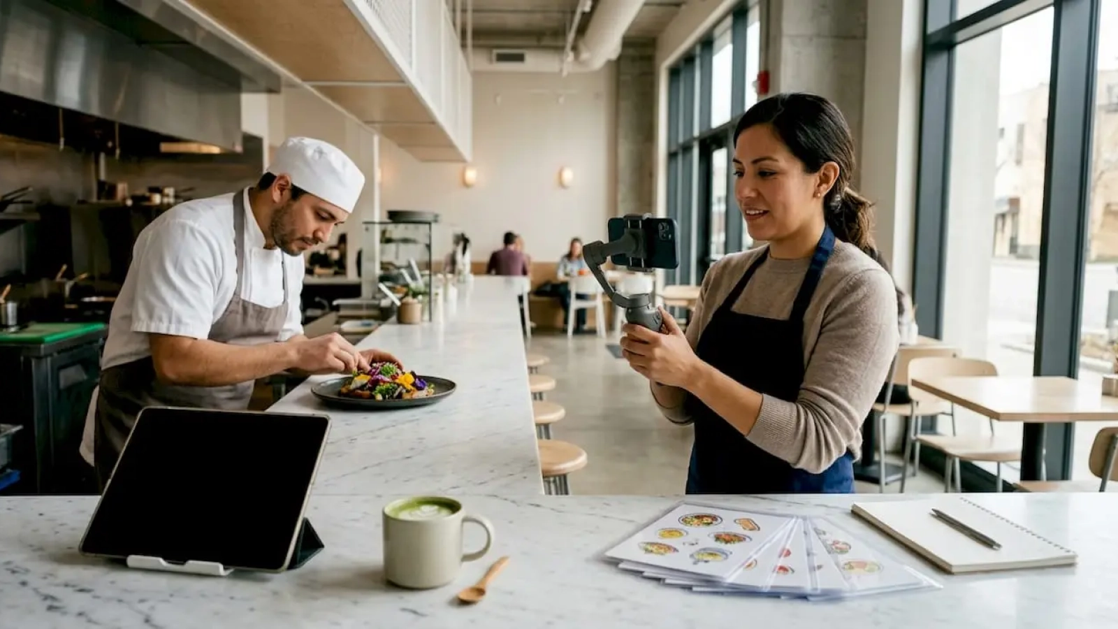 Restaurant owner filming kitchen video content