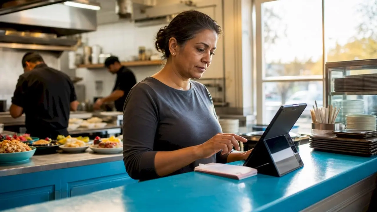 Restaurant owner managing digital orders on tablet