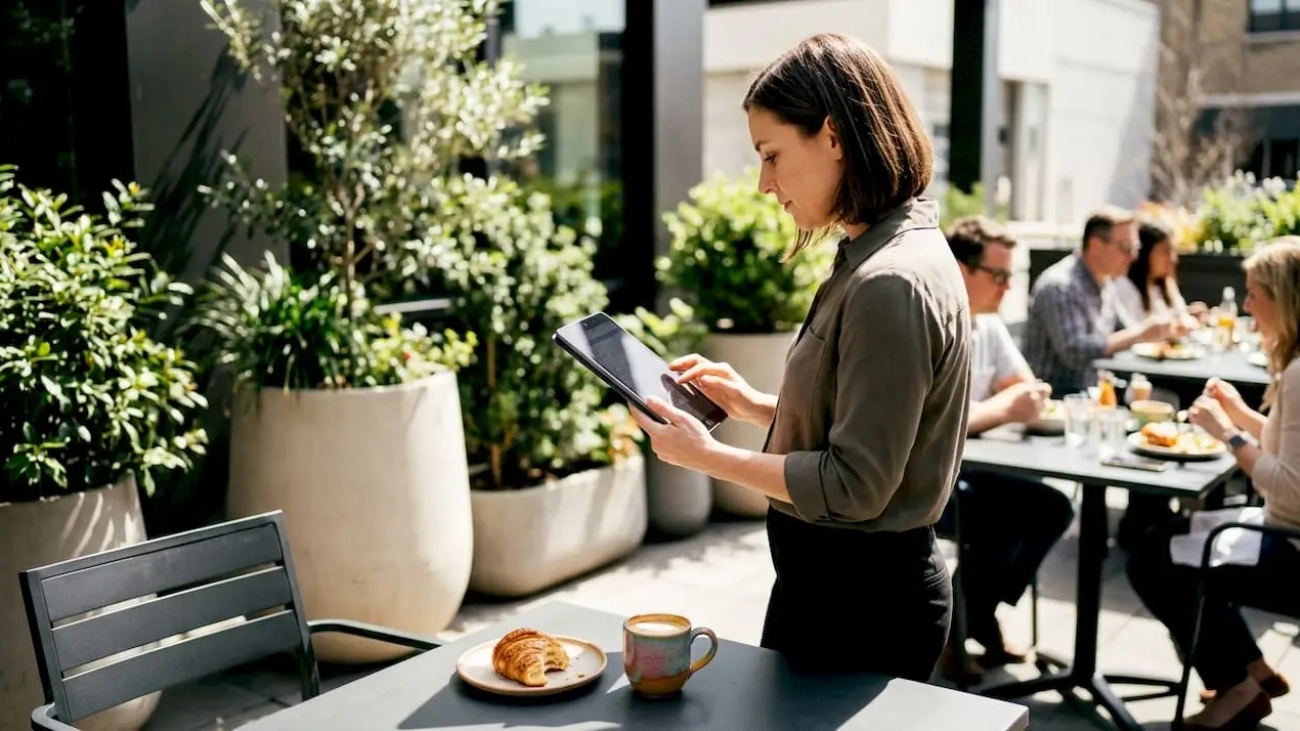 Restaurant manager reviewing marketing data on tablet