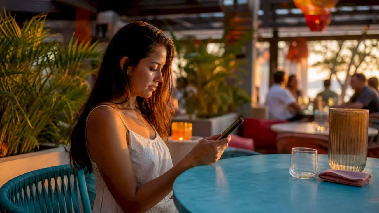 Woman browsing digital menu on smartphone at restaurant table