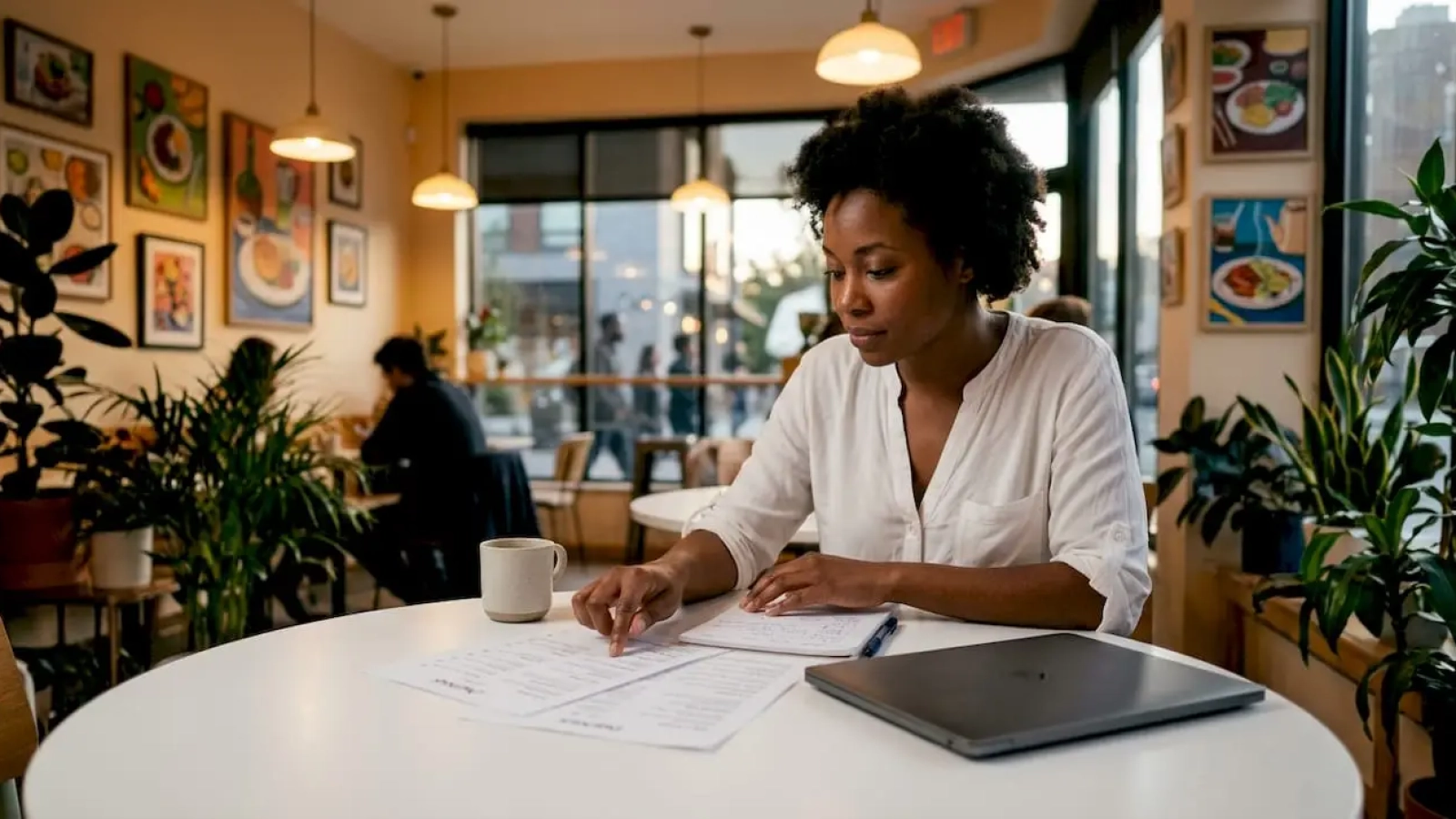 Restaurant owner reviewing catering menus