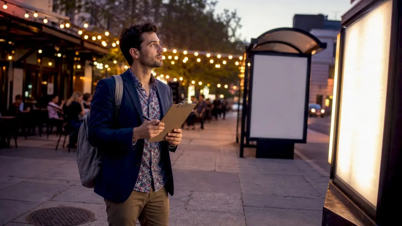Marketing manager assessing restaurant outdoor ads