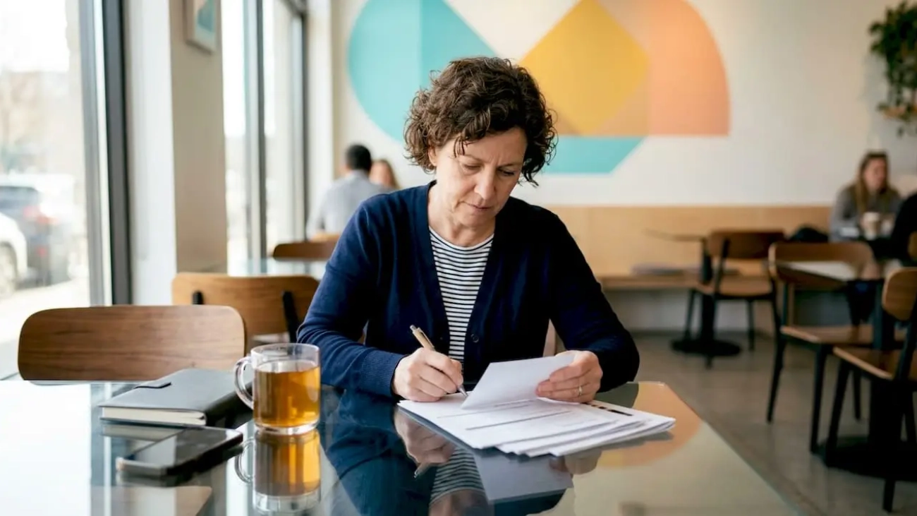 Restaurant owner reviewing community feedback cards