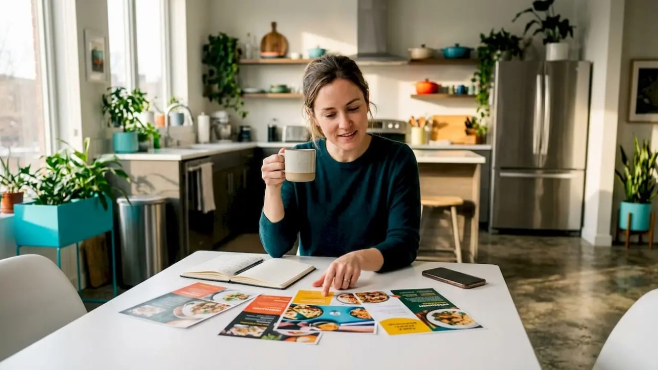 Marketing manager reviewing restaurant ad visuals