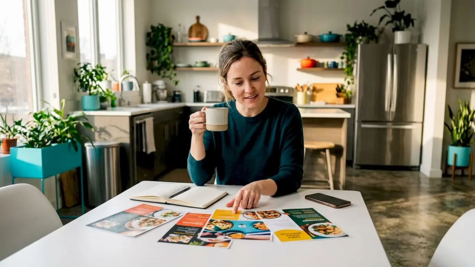 Marketing manager reviewing restaurant ad visuals