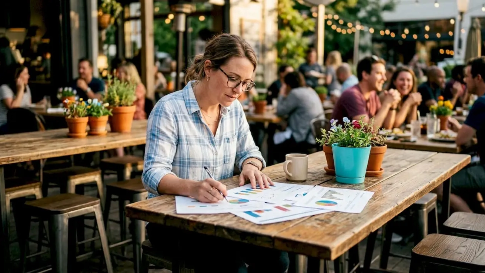 Woman reviewing restaurant engagement metrics charts