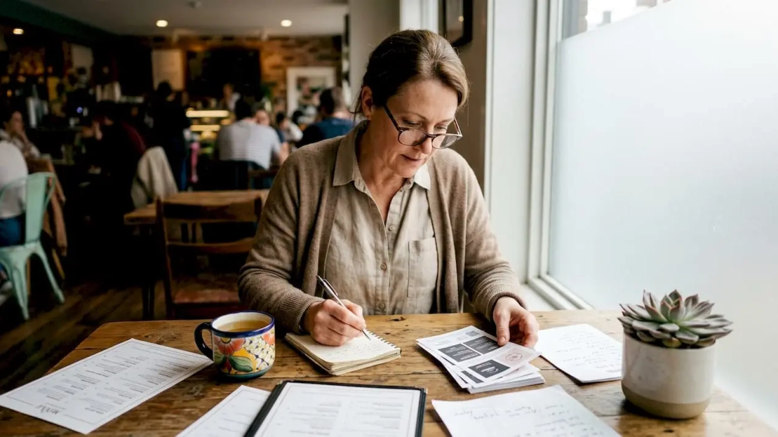 Restaurant owner preparing promotional content at desk