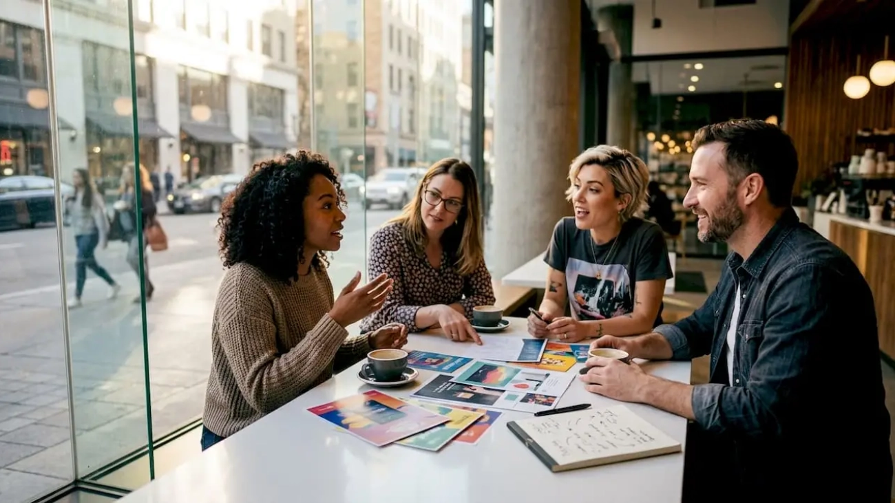 Diverse group discussing restaurant influencer partnership