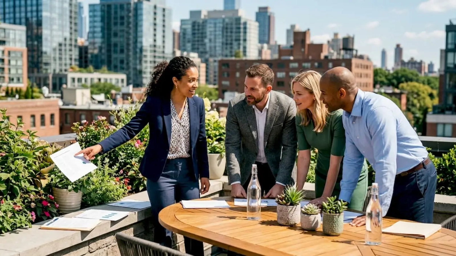 Executives discussing restaurant co-branding partnership